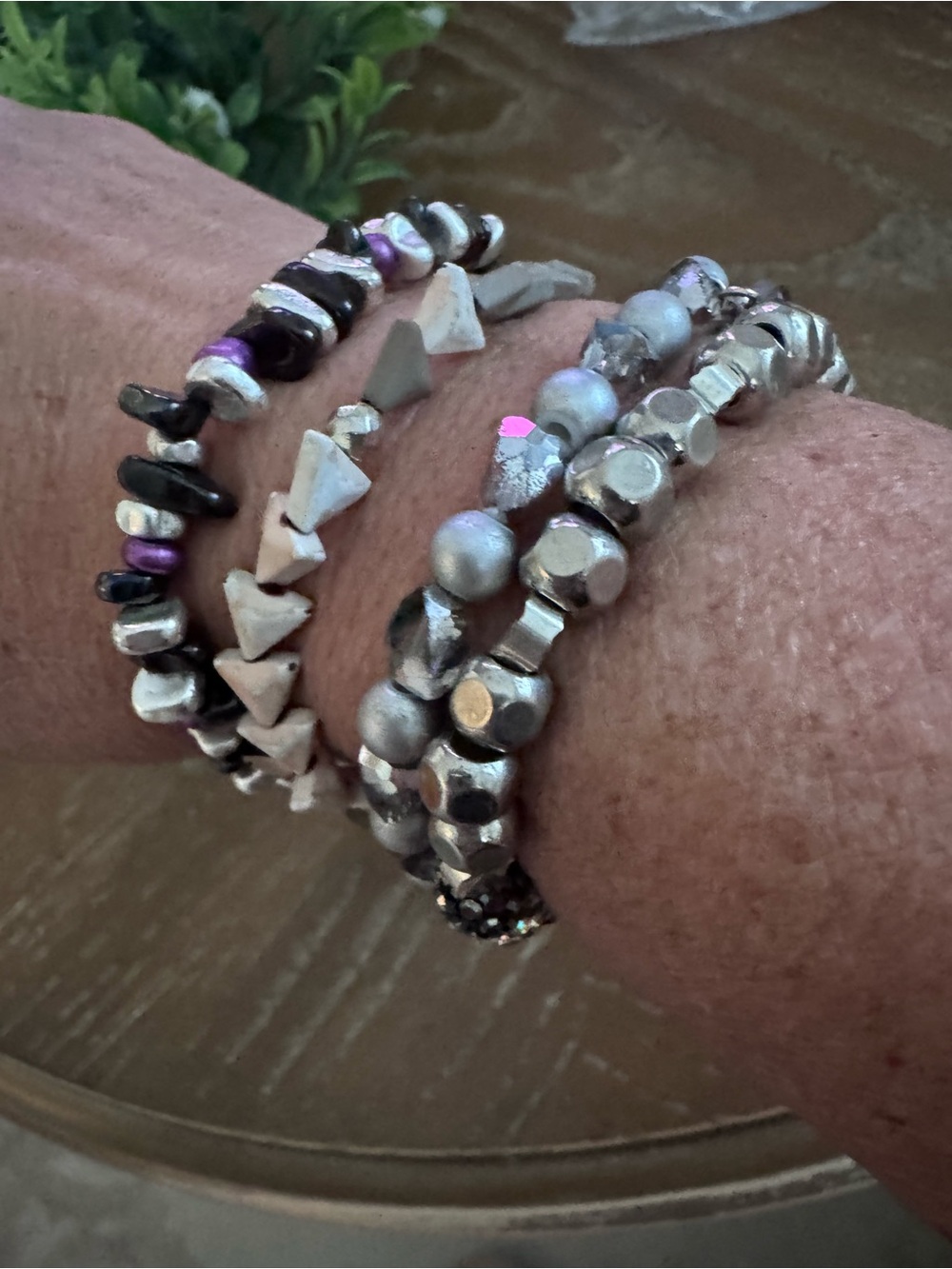 Erimish Silver and Purple Beaded Stretch Bracelet Set of 4